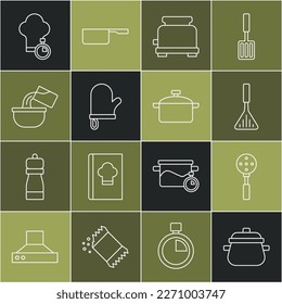 Set line Cooking pot, Spatula, Barbecue spatula, Toaster, Oven glove, Saucepan, Chef hat and  icon. Vector