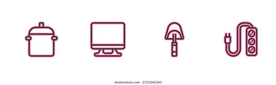 Set line Olla de cocina, Espátula, Smart Tv e icono de extensión eléctrica. Vector