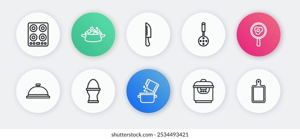 Set line Cooking pot and spice, Fried eggs on frying pan, Covered with tray of food, Slow cooker, Spatula, Knife, Cutting board and Chicken stand icon. Vector