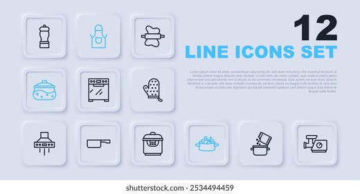 Set line Cooking pot and spice, Kitchen meat grinder, Oven, Frying pan, apron and Slow cooker icon. Vector