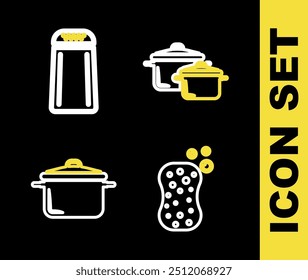 Set line Cooking pot, Sponge with bubbles,  and Salt and pepper icon. Vector