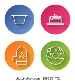 Set line Cooking pot , Stack of pancakes , Oven glove  and Donut with sweet glaze . Color circle button. Vector