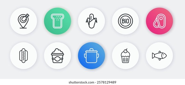 Set line Cooking pot, Steak meat, Hotdog, Muffin, Banner for bio, Corn, Fish and Popcorn cardboard box icon. Vector