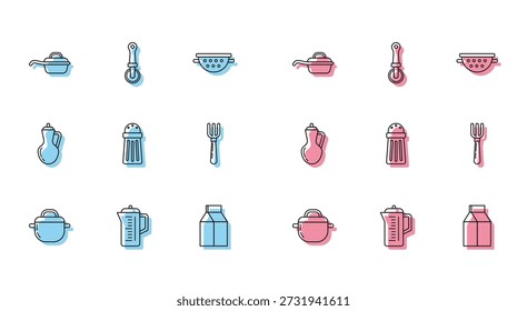 Set line Olla de cocina, Tetera, Sartén, Paquete de papel para leche, Sal, Tenedor, Botella de aceite de oliva y cuchillo de pizza icono. Vector
