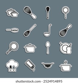 Set line Cooking pot, Washing dishes, Kitchen whisk, Frying pan,  and ladle icon. Vector