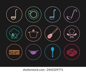 Set line Cooking soup in pot, Chef hat and fork, Kitchen ladle, with spoon, whisk and Washing dishes icon. Vector