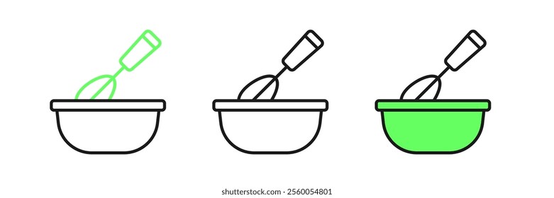 Set line Cooking whisk with bowl icon isolated on white background. Cooking utensil, egg beater. Cutlery sign. Food mix symbol.  Vector