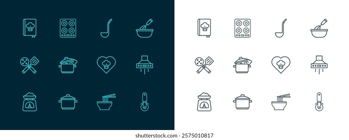 Set line Cooking whisk with bowl, pot, Chef hat, Asian noodles, Kitchen ladle, Cookbook and Gas stove icon. Vector