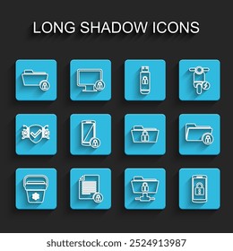Set line Cooler bag, Document and lock, Folder, FTP folder, Smartphone with,  and  icon. Vector
