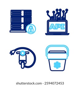 Set line Cooler bag, Electric scooter, Computer api interface and Server security with lock icon. Vector