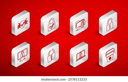 Set line Cooler bag, Lock and check mark, FTP folder lock, Open padlock, Laptop, Cyber security, Broken or cracked and on monitor icon. Vector