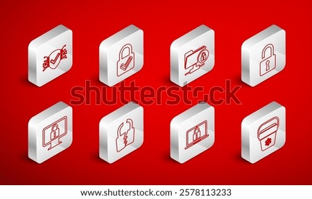 Set line Cooler bag, Lock and check mark, FTP folder lock, Open padlock, Laptop, Cyber security, Broken or cracked and on monitor icon. Vector