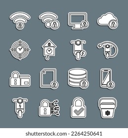 Set line Cooler bag, Smartphone with lock, Electric scooter, Lock monitor, Retro wall watch, Time Management, Wifi locked and  icon. Vector