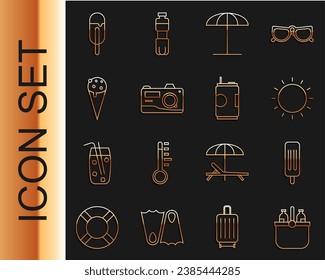 Set line Cooler bag and water, Ice cream, Sun, protective umbrella for beach, Photo camera, in waffle cone,  and Soda can icon. Vector