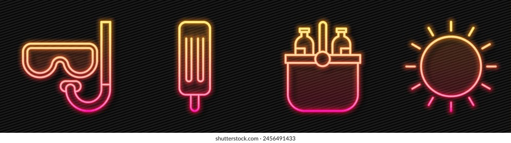 Set line Cooler bag and water, Diving mask and snorkel, Ice cream and Sun. Glowing neon icon. Vector