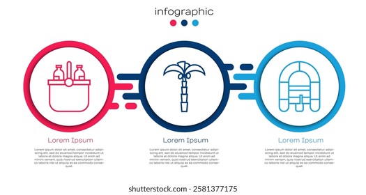Set line Cooler bag and water, Tropical palm tree and Rafting boat. Business infographic template. Vector