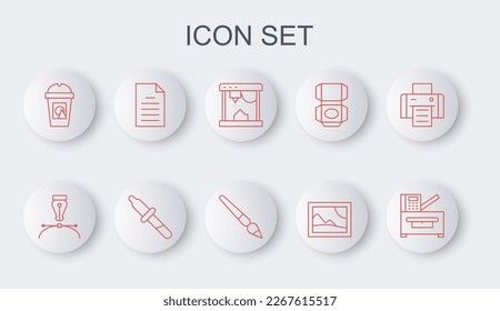 Set line Copy machine, Fountain pen nib, 3D printer, Picture landscape, Coffee cup to go, File document, Pipette and Paint brush icon. Vector
