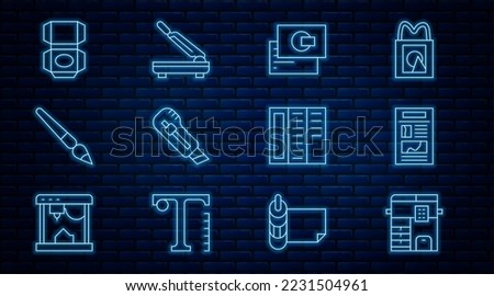 Set line Copy machine, News, Business card, Stationery knife, Paint brush, Carton cardboard box, Brochure and Paper cutter icon. Vector