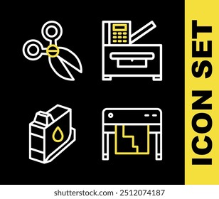 Set line Copy machine, Plotter, Printer ink cartridge and Scissors icon. Vector