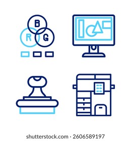 Set line Copy machine, Stamp, Computer monitor screen and RGB color mixing icon. Vector