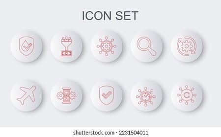 Set line Copywriting network, Plane, Project management, Clock and gear, Waterproof, Lead, Hourglass and Shield with check mark icon. Vector