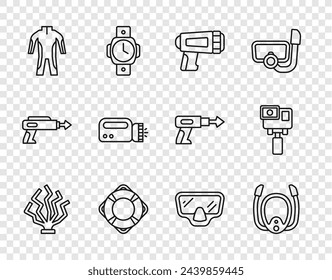 Set line Coral, Diving mask with snorkel, Flashlight for diver, Lifebuoy, Wetsuit scuba diving,  and Action extreme camera icon. Vector