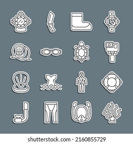 Set line Coral, Lifebuoy, Action extreme camera, Boots, Glasses for swimming, Scallop sea shell, Aqualung and Turtle icon. Vector