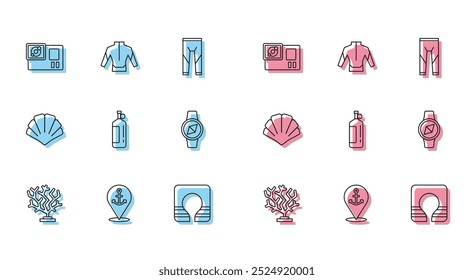 Set line Coral, Location with anchor, Action camera, Life jacket, Aqualung, Compass, Scallop sea shell and Wetsuit icon. Vector