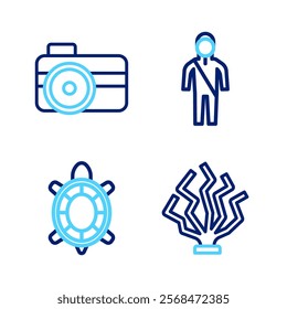 Set line Coral, Turtle, Wetsuit for scuba diving and Photo camera diver icon. Vector