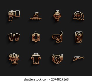 Fija la línea Coral, Wetsuit, Flashlight, máscara de buceo, arpón de pesca, tortuga, escala de indicadores e icono del tubo de buceo. Vector