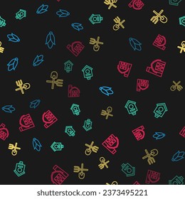 Set line Corn, Bird house, Shovel and rake and Farm on seamless pattern. Vector