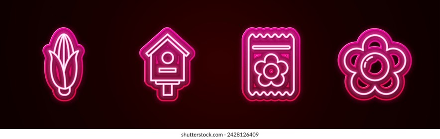 Set line Corn, Bird house, Pack full of seeds of plant and Flower. Glowing neon icon. Vector