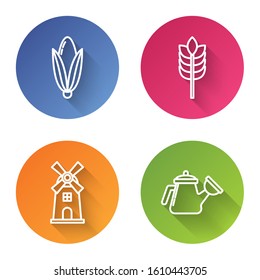 Set line Corn, Cereals with rice, wheat, corn, oats, rye, Windmill and Watering can. Color circle button. Vector