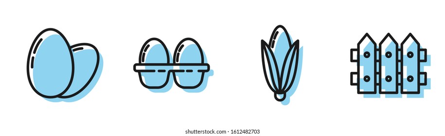 Set line Corn, Chicken egg, Chicken egg in box and Garden fence wooden icon. Vector