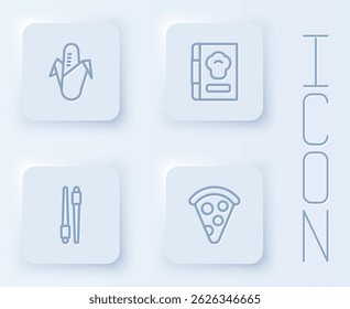 Set line Corn, Cookbook, Food chopsticks and Slice of pizza. White square button. Vector