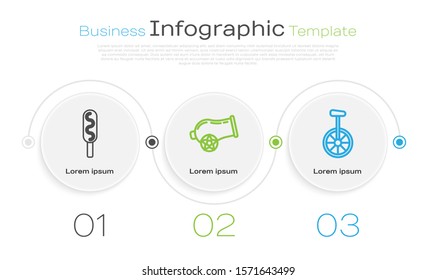 Set line Corn dog, Cannon and Unicycle or one wheel bicycle. Business infographic template. Vector