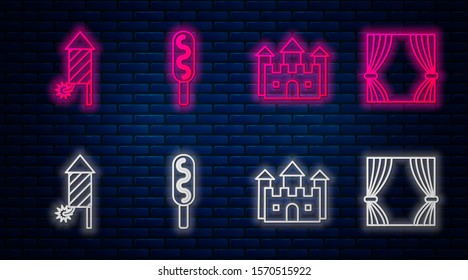 Set line Corn dog, Castle, Firework rocket and Curtain. Glowing neon icon on brick wall. Vector