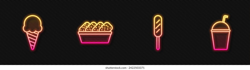 Set line Corn dog, Ice cream in waffle cone, Chicken nuggets box and Milkshake. Glowing neon icon. Vector