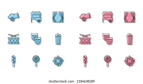 Set line Corn dog, Lollipop, Cannon, Target sport for shooting competition, Comedy theatrical masks, Popcorn cardboard box, Drum with drum sticks and Fast street food cart awning icon. Vector