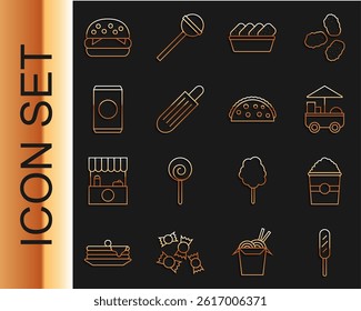 Set line Corn dog, Popcorn in box, Fast street food cart, Chicken nuggets, French hot, Soda can with straw, Burger and Taco tortilla icon. Vector