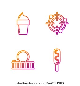 Set line Corn dog, Roller coaster, Ice cream in waffle cone and Target sport for shooting competition. Gradient color icons. Vector