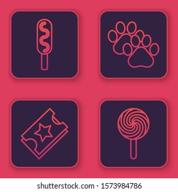 Set line Corn dog, Ticket, Paw print and Lollipop. Blue square button. Vector