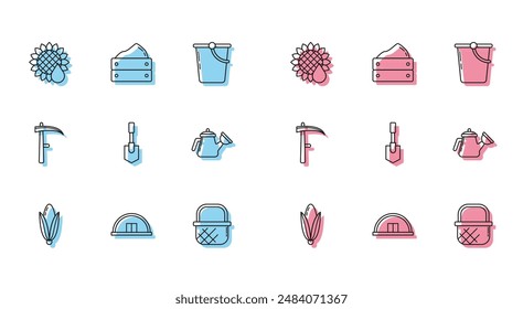 Set line Corn, Hangar, Sunflower, Shopping basket, Shovel, Watering can, Scythe and Wooden box with harvest icon. Vector