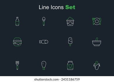 Set line Corn, Jam jar, Chicken leg, Fork, Mortar and pestle, Ice cream, Salami sausage and Burger icon. Vector