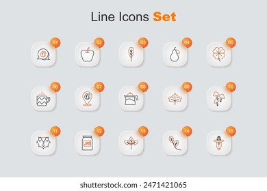 Set line Corn, Leaf, Winter hat, Jam jar, Chestnut, Mushroom, Canadian maple leaf and Teapot icon. Vector