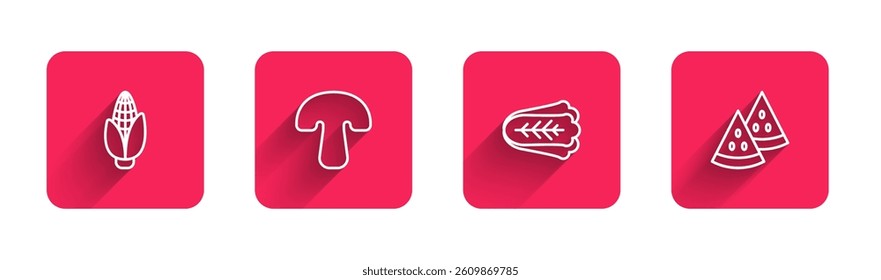 Set line Corn, Mushroom, Cabbage and Watermelon with long shadow. Red square button. Vector