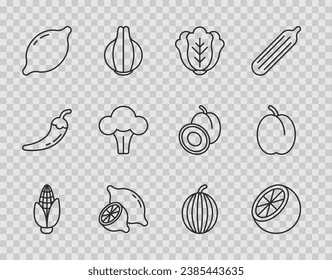 Set line Corn, Orange fruit, Cabbage, Lemon, Broccoli, Watermelon and Plum icon. Vector