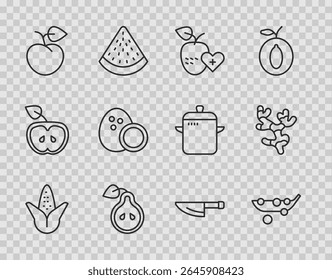 Set line Corn, Peas, Healthy fruit, Pear, Peach nectarine, Coconut, Knife and Ginger root icon. Vector
