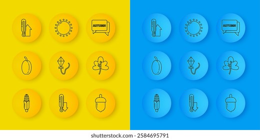 Set line Corn, Plum fruit, Kite, Acorn, Leaf leaves, Meteorology thermometer, Speech bubble with text autumn and Sun icon. Vector