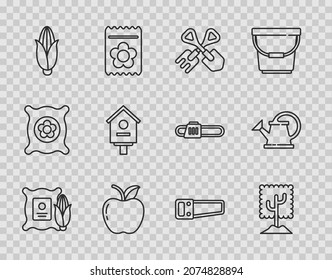 Set line Corn in the sack, Tree, Shovel and rake, Apple, Bird house, Hand saw and Watering can icon. Vector